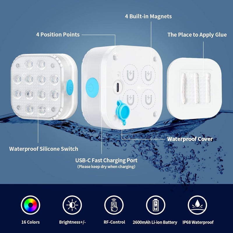 HOMLY Rechargeable Submersible Pool Lights with Remote, Waterproof Underwater Charging Battery Operated Controlled 16 Color Changing LED with Magnet Floating Lights Pool Pond Decoration 2 Pack - Image 2
